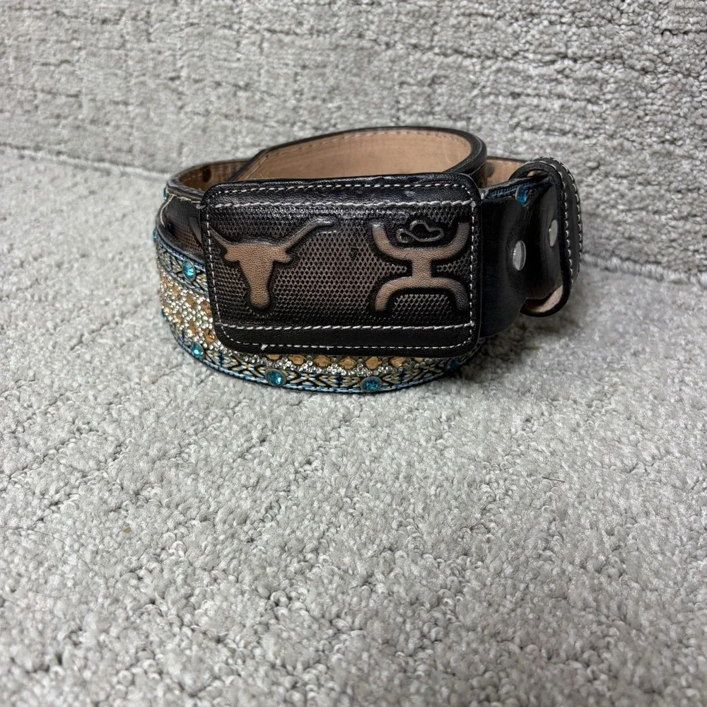 Custom Western Bling Belt Leather Tooled Texas Longhorn Buckle Rhinestone Blue L